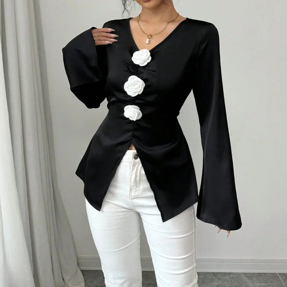 Black Elegant Women's Flowered V-Neck Flare Sleeve Waisted Long Sleeve Blouse - Picture 3 of 6